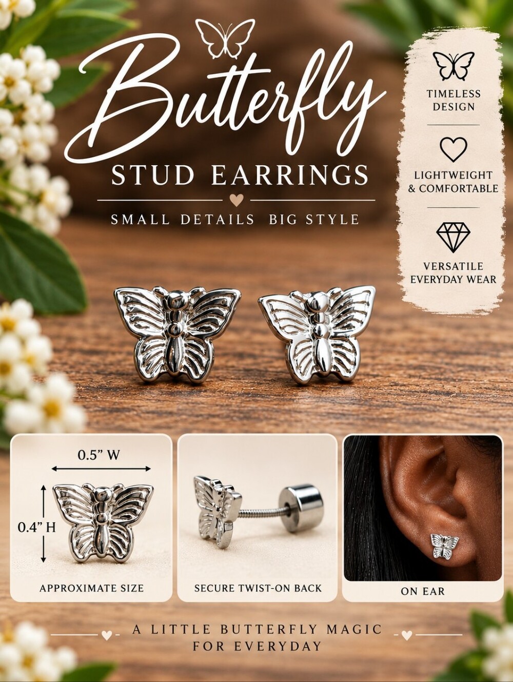 A96.  Butterfly Stud Earrings Silver NWT